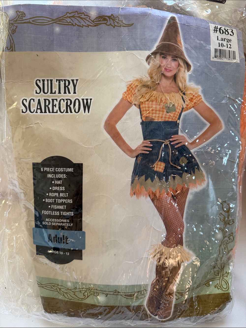 Sultry Scarecrow Adult Costume - Orange & Blue Size 10-12 In Original Packaging
